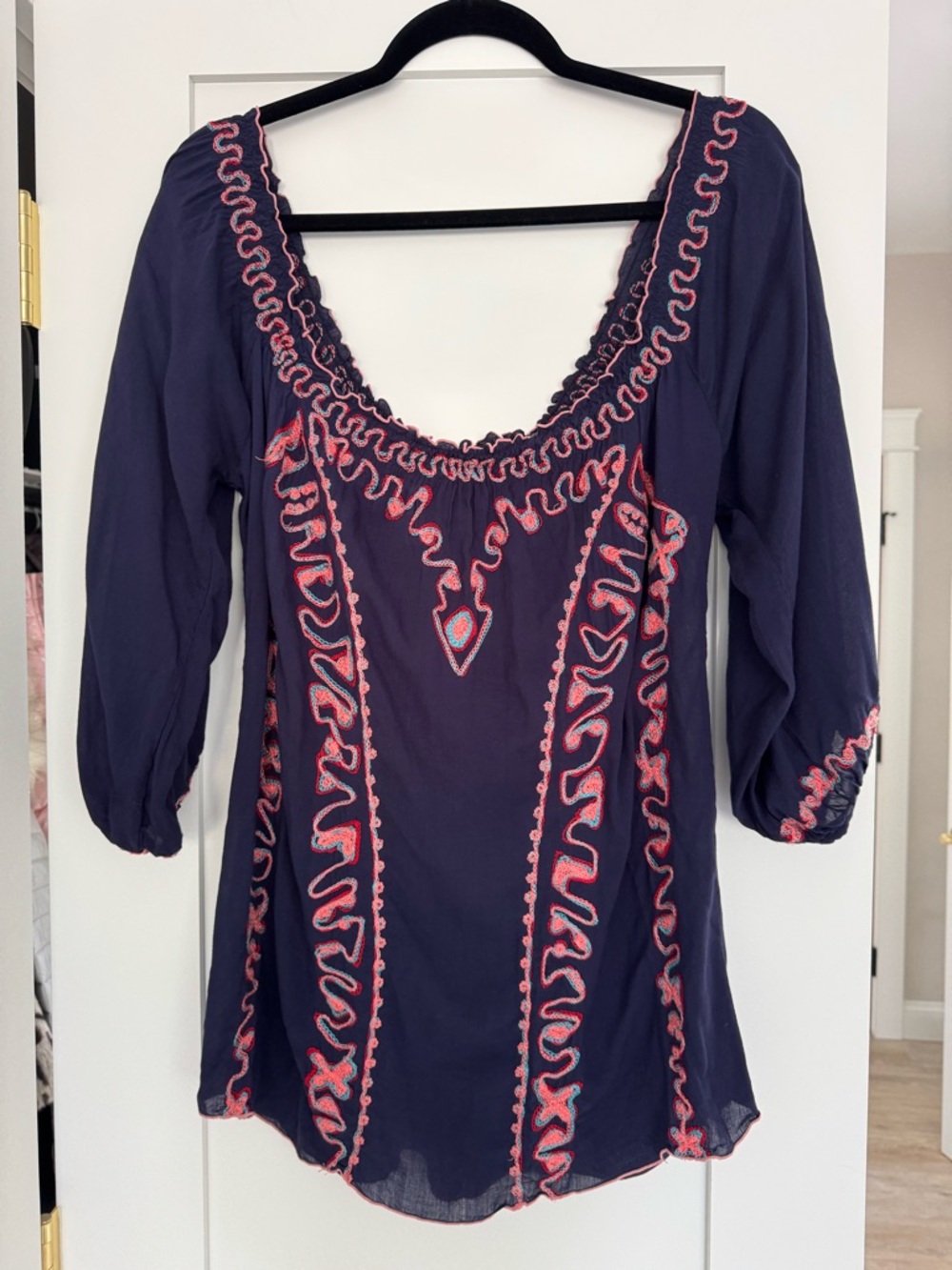 Poupette St Barth Navy Embroidered Peasant Blouse Boho Resort Top Medium - Picture 4 of 4